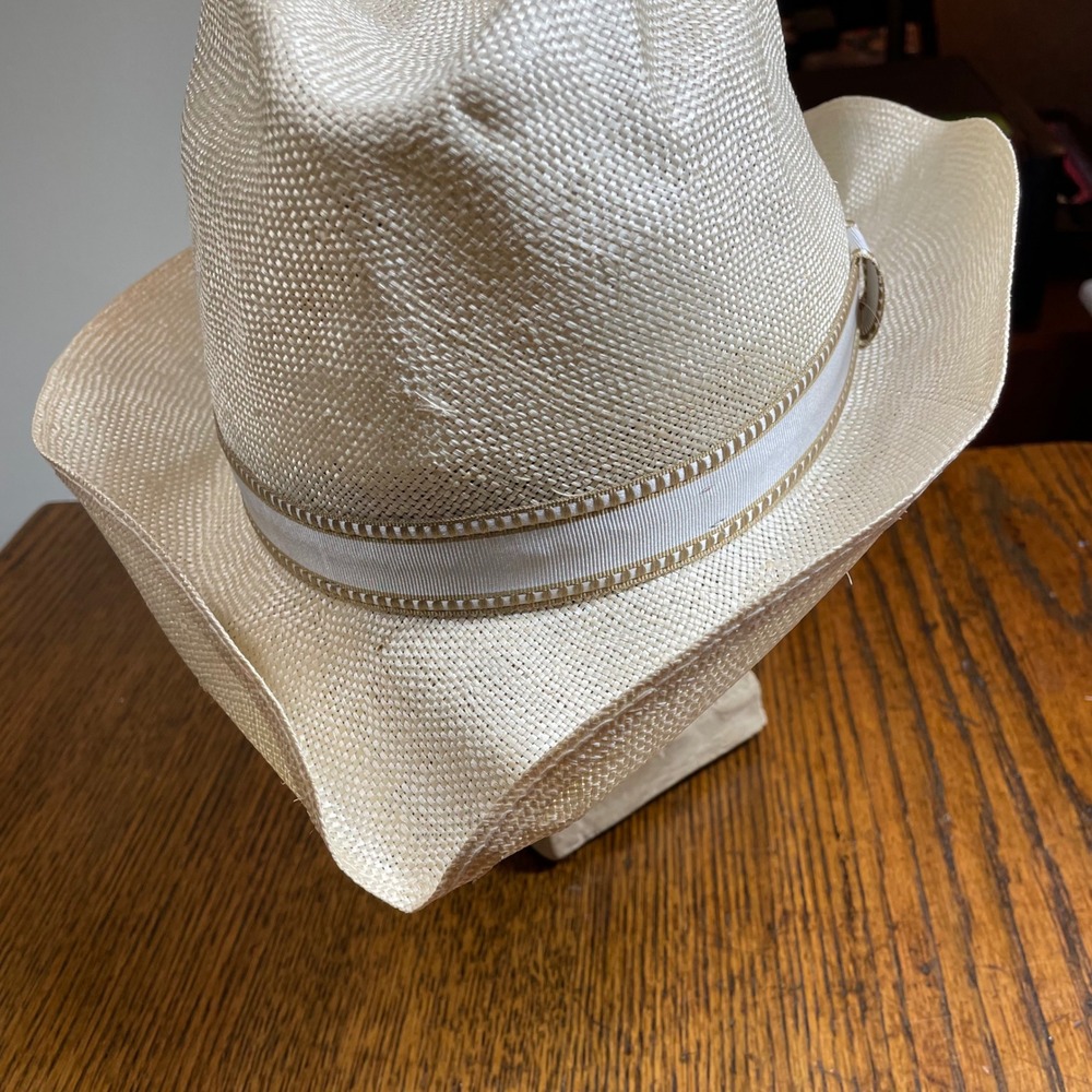 Stetson Straw Fedora Hat Cream Off White Woven Panama Style Size 7 5/8 61cm Luxe - Picture 10 of 15